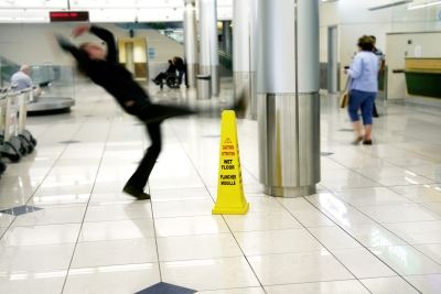 Man slipping on a wet floor in public
